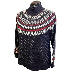 Eddie Bauer Fair Isle Mock Neck Wool Blend Sweater in Navy, White, Red